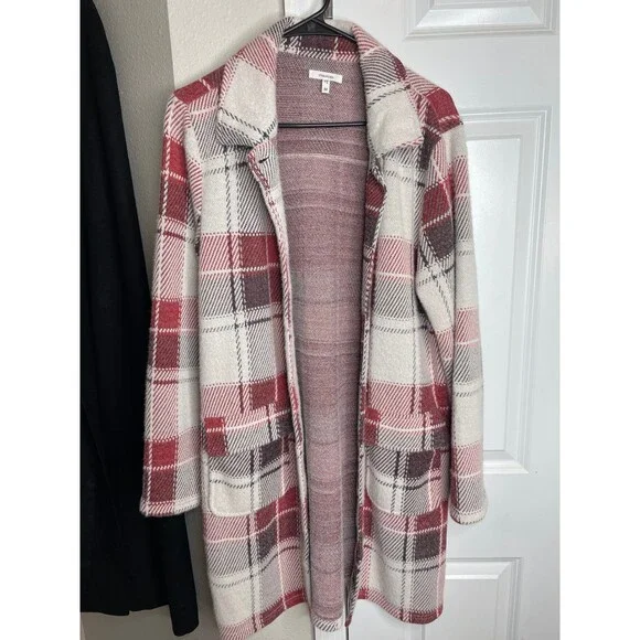Maurices Plaid Academia Style Long Jacket Coat Red Ivory Open Front M - Picture 1 of 8